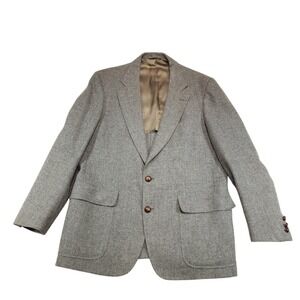 Vintage Cricketeer Sport Coat Mens 44 Gray Wool Tweed Leather Buttons Blazer USA
